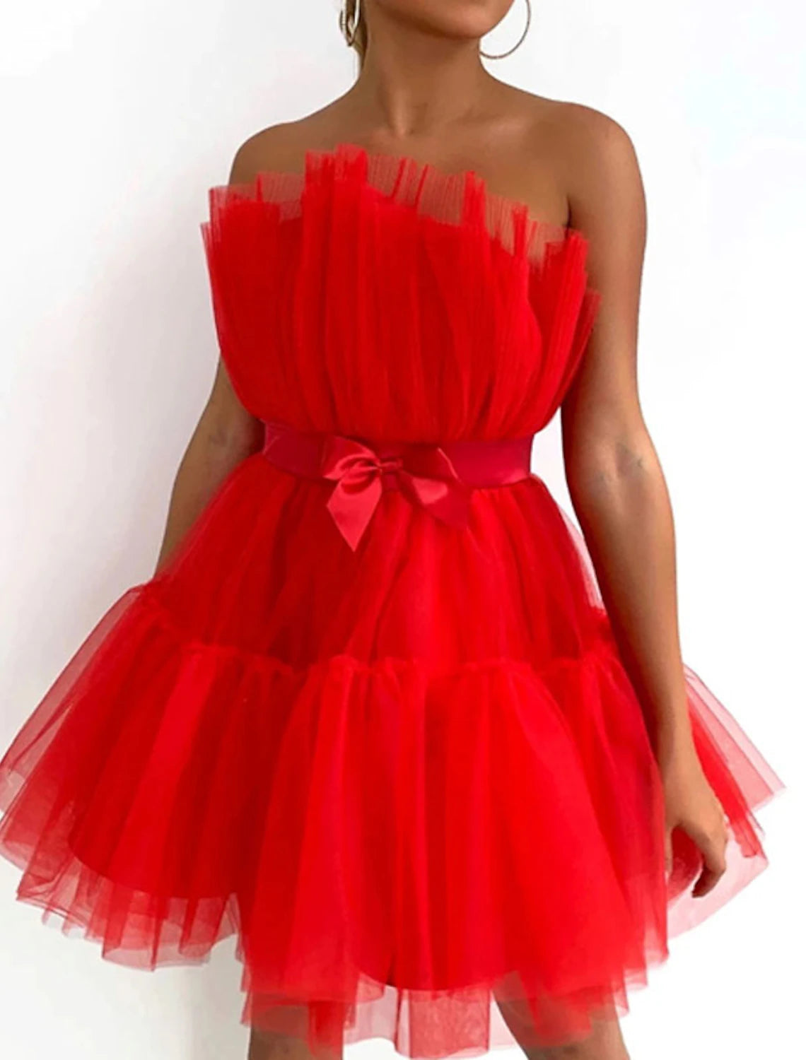 Abito da festa da donna, abito con corsetto, abito da ballo, miniabito nero, rosa, fucsia, rosso, senza maniche, colore puro, senza schienale, a strati, in rete, primavera estate, senza spalline, festa, personalizzato, elegante, festa